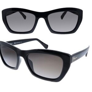 SALVATORE Ferragamo Rectangle Cat Eye Black Sunglasses Gray Anti Reflective UV